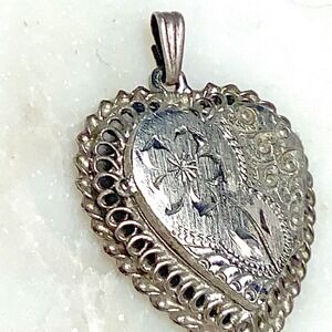 Fancy Sterling Heart Locket Vintage 925 Silver Pendant Photo Etched Flowers